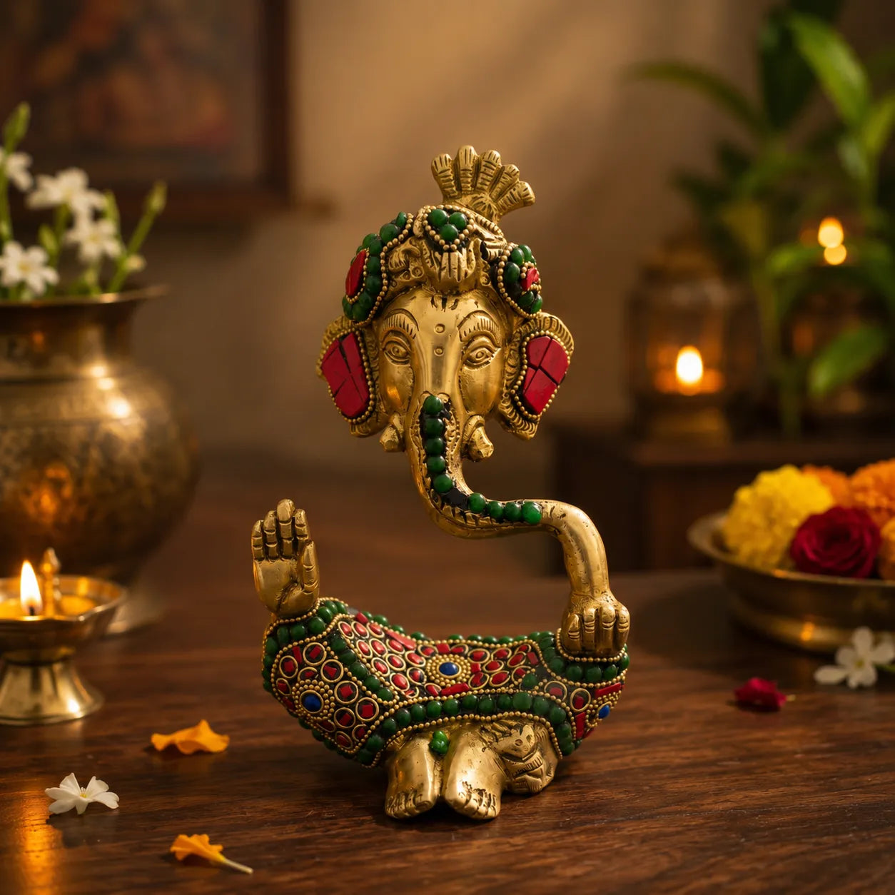 Ganesh Ji Brass Idol with colorful stone work and antique golden finish
