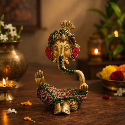 Ganesh Ji Brass Idol with colorful stone work and antique golden finish