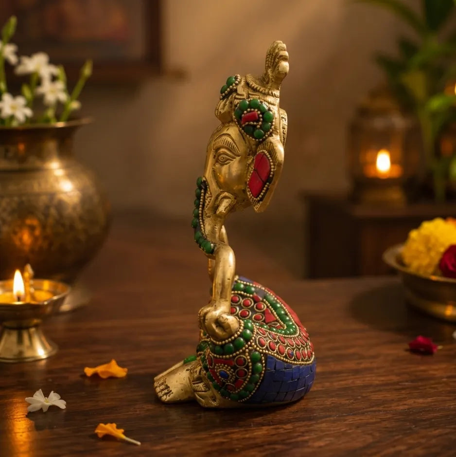 Side view of Ganesh Ji Brass Idol with stone inlay work