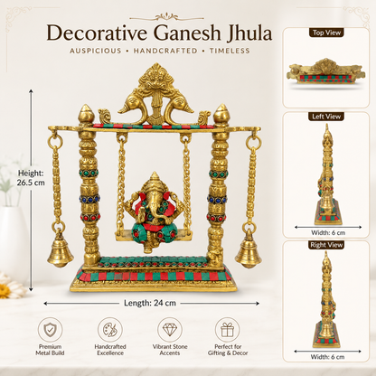 Brass Ganesh Ji Jhula Idol with Bells | Ganesha Swing Statue for Home Mandir & Gifting