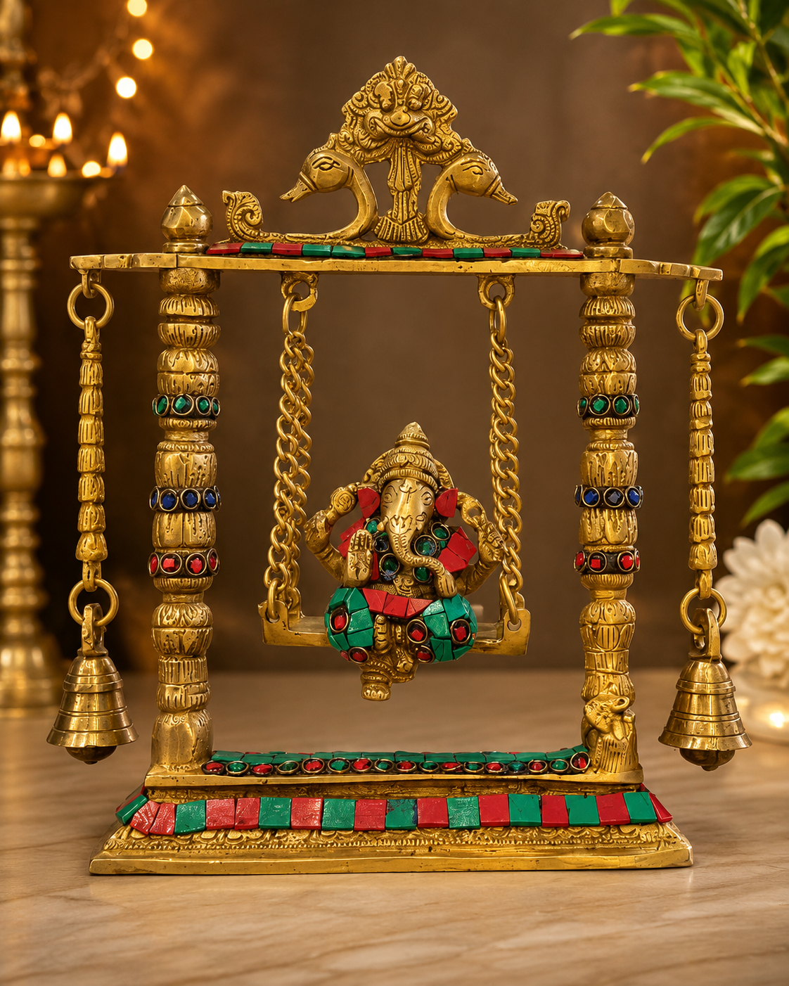 Brass Ganesh Ji Jhula Idol with Bells | Ganesha Swing Statue for Home Mandir & Gifting