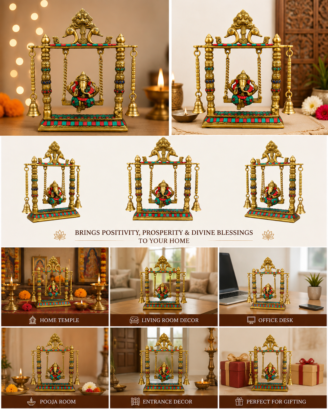 Brass Ganesh Ji Jhula Idol with Bells | Ganesha Swing Statue for Home Mandir & Gifting