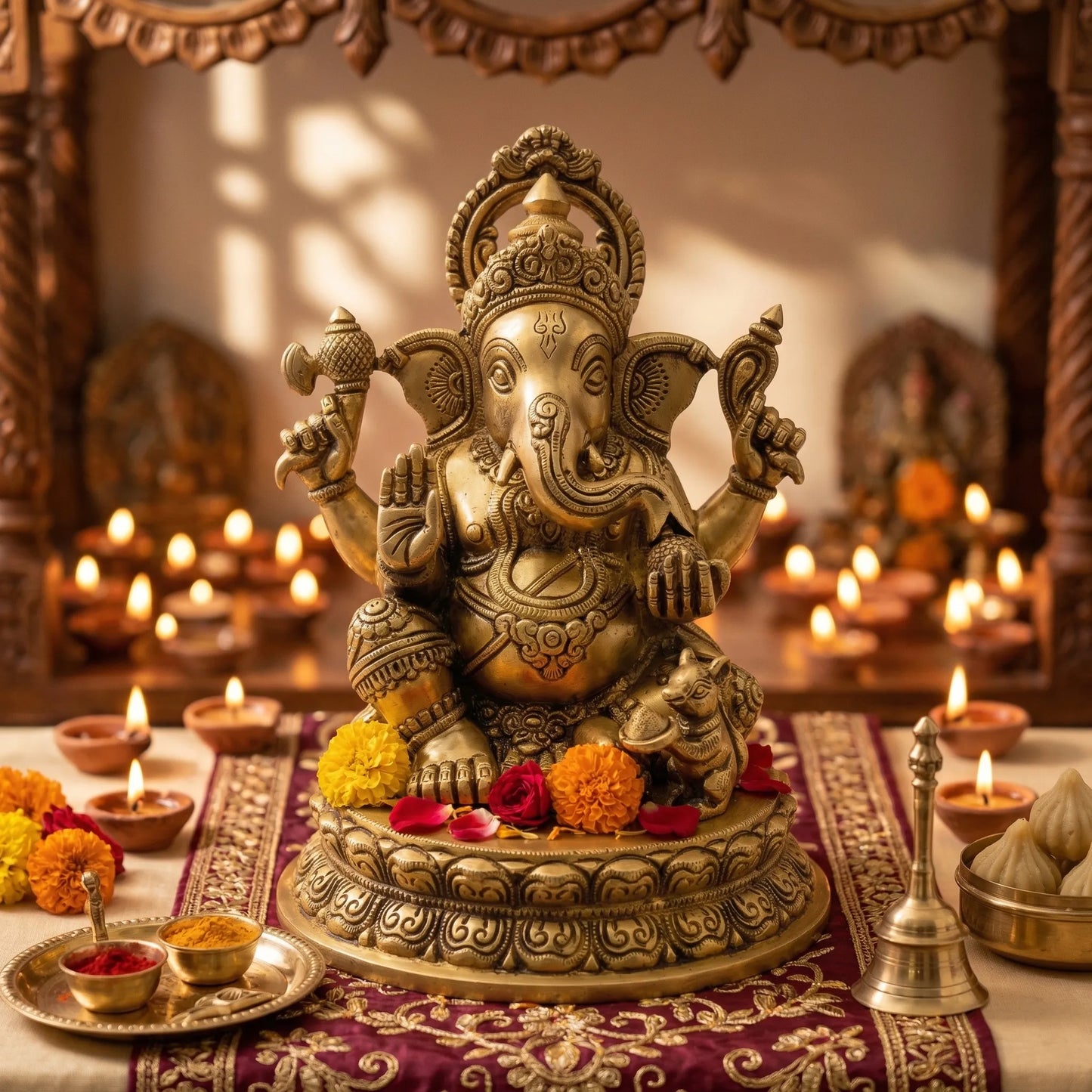Closeup of trunk and detailed carving on Ganpati Ji Brass Idol