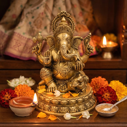 Ganpati Ji Brass Idol placed beautifully in home temple decor