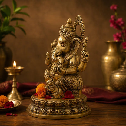 Side view of Ganpati Ji Brass Idol sitting pose