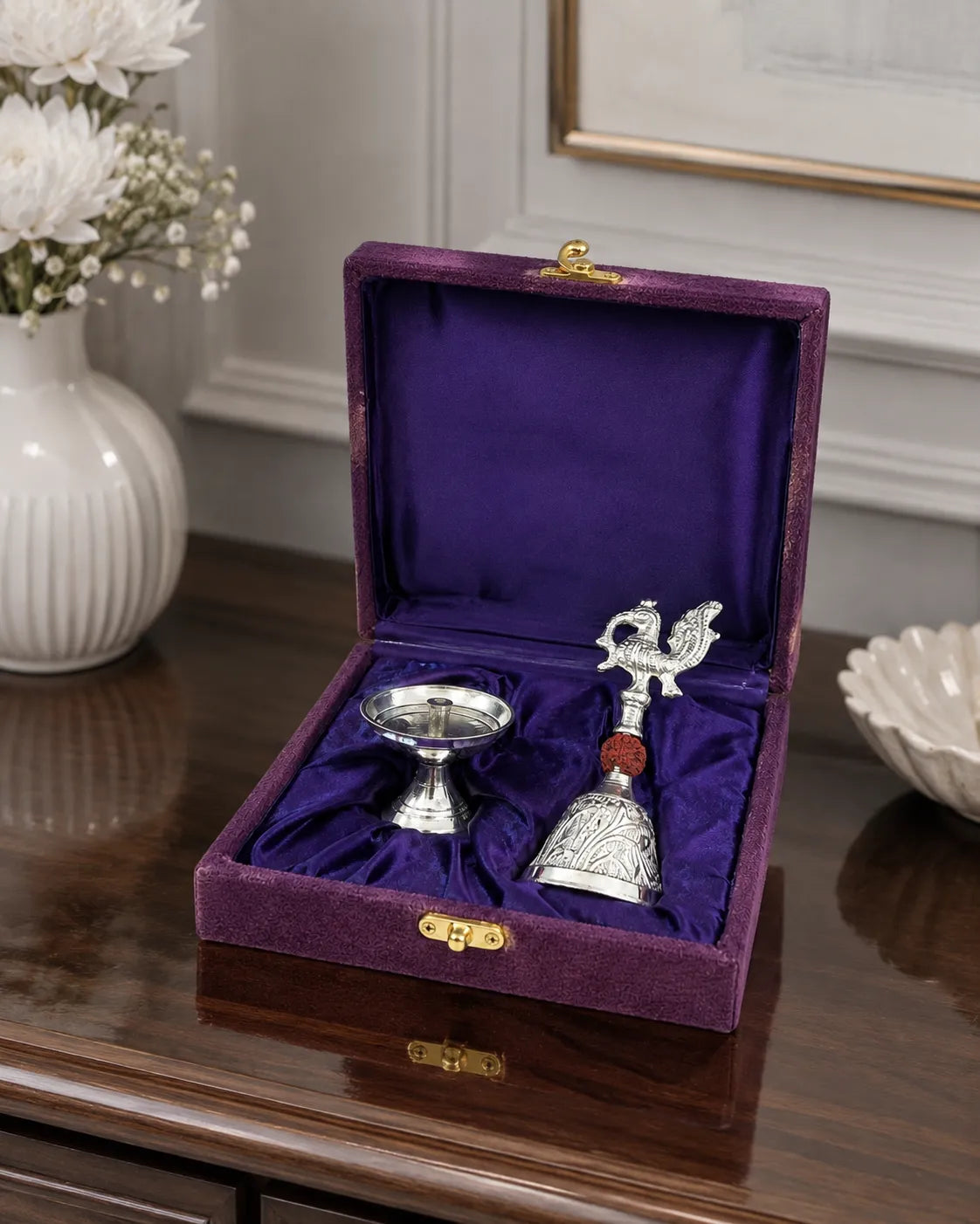 Complete German Silver Ghanti and Diya Puja Set