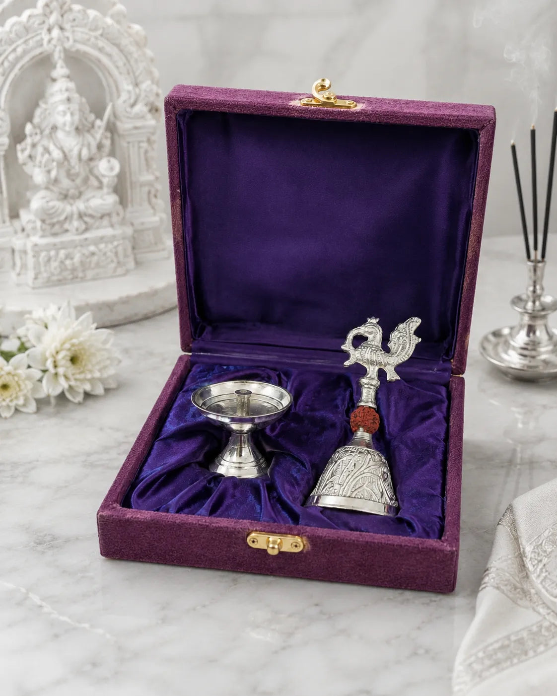 German Silver Ghanti with Diya Set in gift box antique finish