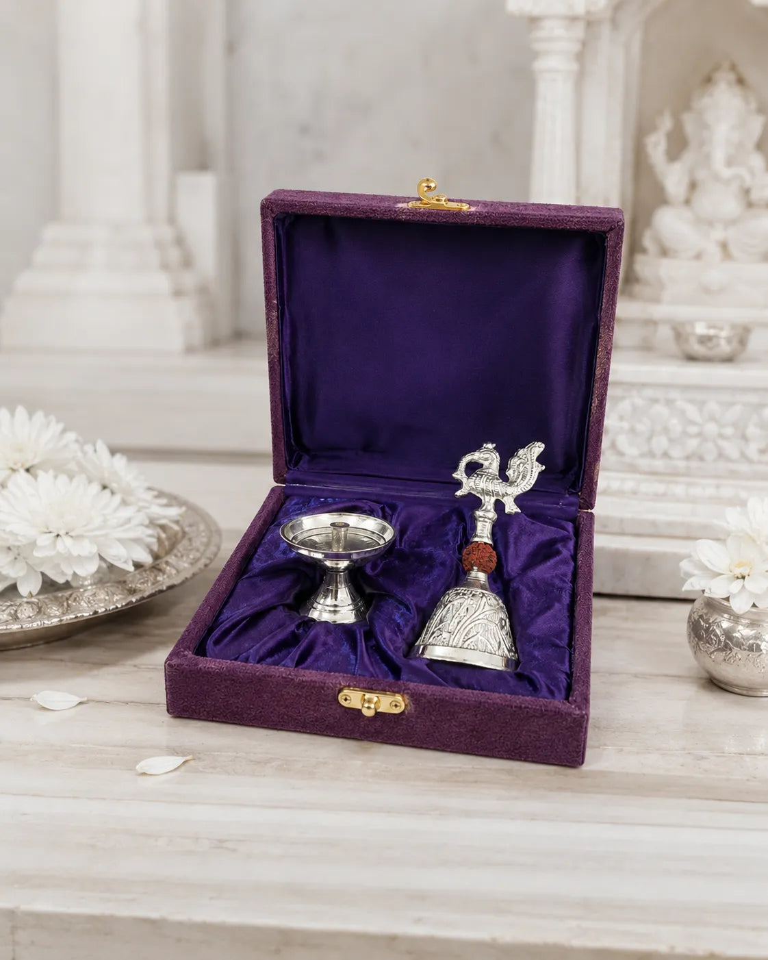 Side view of German Silver Ghanti and Diya Set