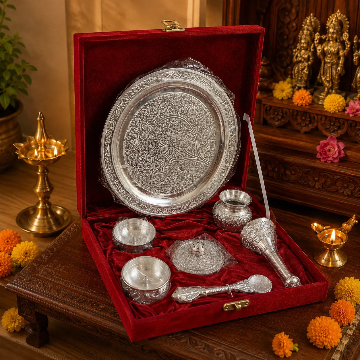 German Silver Pooja Set with thali ghanti diya and bowls in gift box