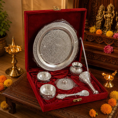 German Silver Pooja Set with thali ghanti diya and bowls in gift box