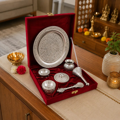 Closeup of intricate engraving on German Silver Pooja Thali