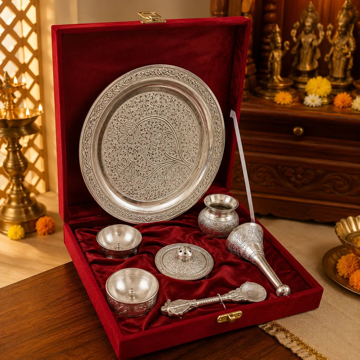 Closeup of intricate engraving on German Silver Pooja Thali