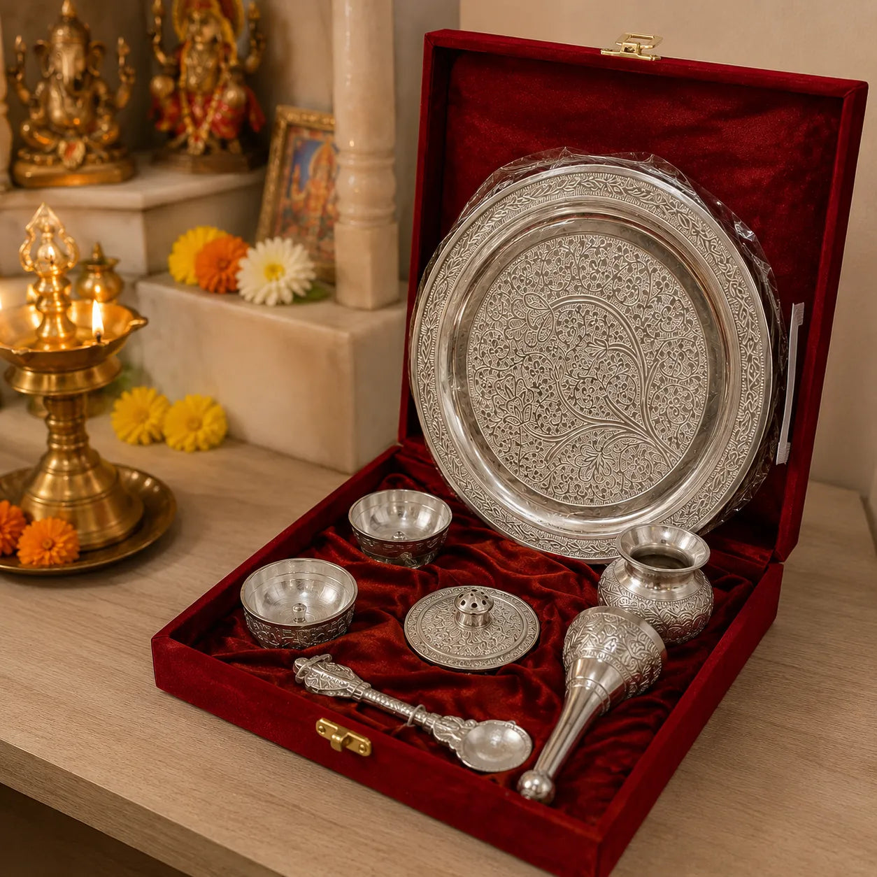 Side view of German Silver Pooja Set antique finish