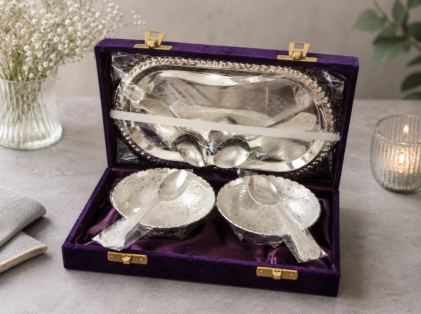 Closeup of intricate engraving on German Silver Serving Set