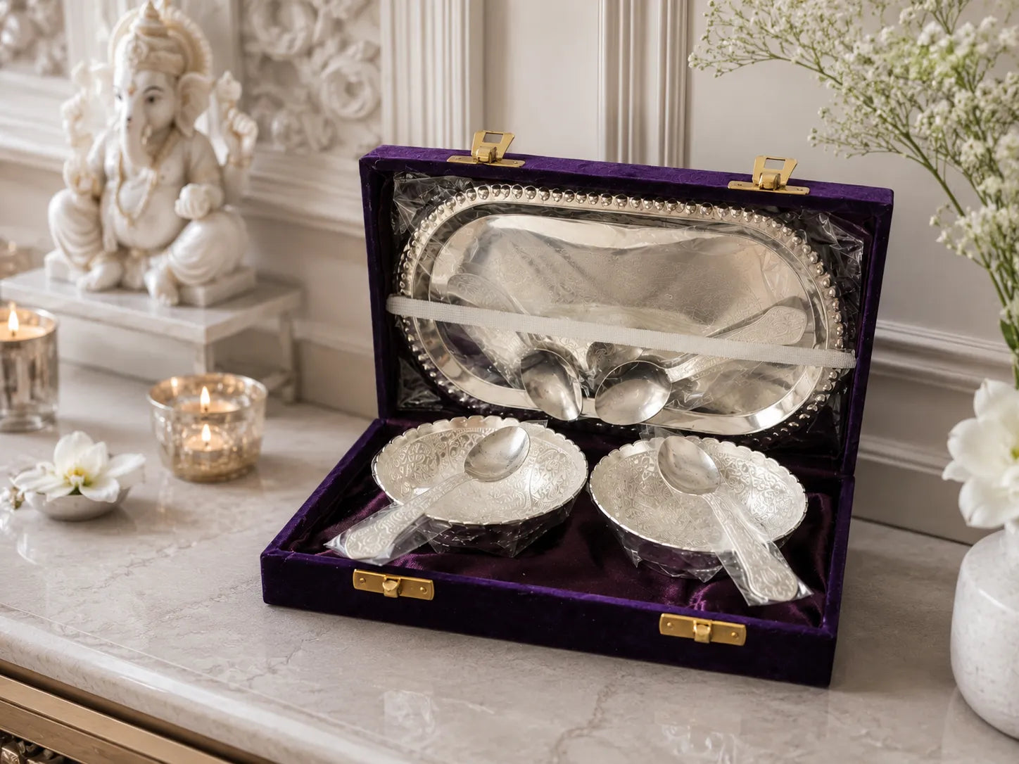 Complete German Silver Snack Set with tray, bowls and spoons