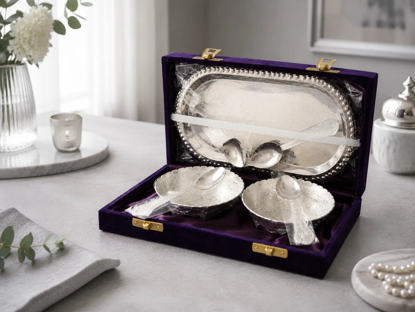 Side view of German Silver Serving Tray Set with bowls