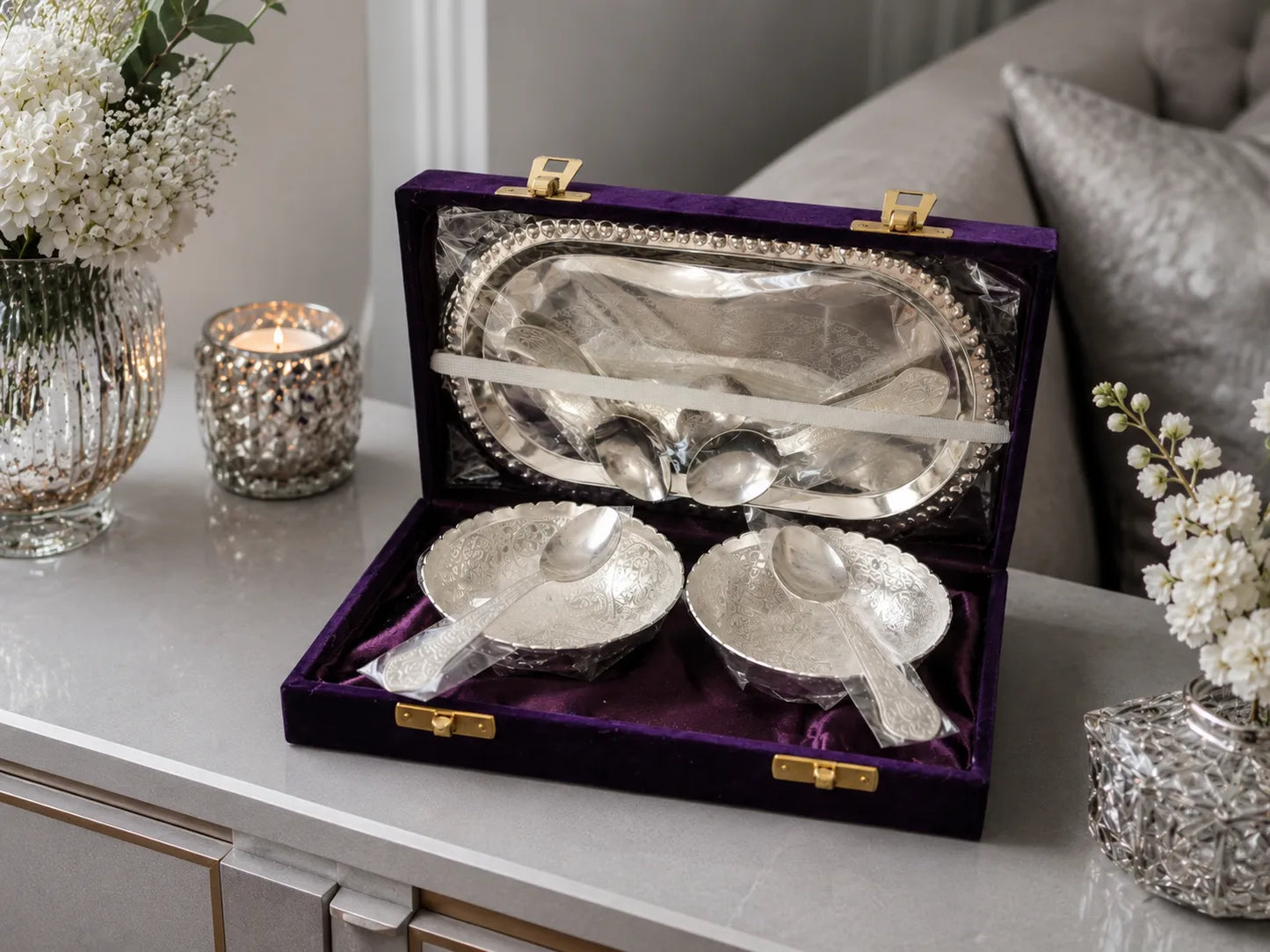 German Silver Serving Set with oval tray, bowls and spoons in gift box