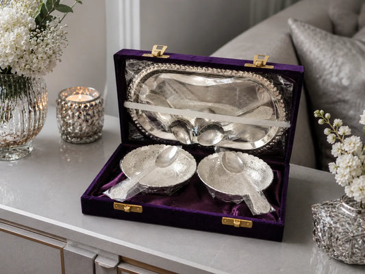 German Silver Serving Set with oval tray, bowls and spoons in gift box