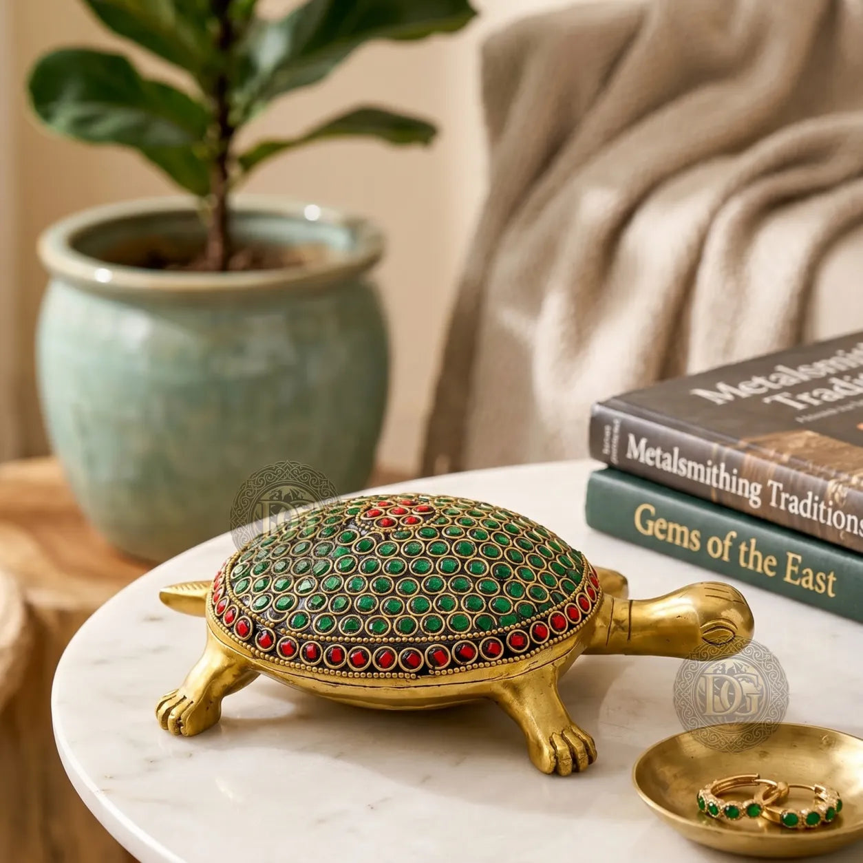Golden Brass Turtle with Stone Work Antique Finish Vastu Showpiece