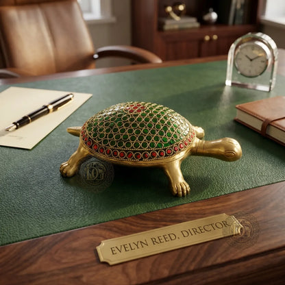 Side view of Golden Brass Turtle Showpiece with stone inlay