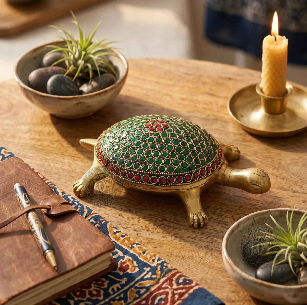 Closeup of stone work and antique finish on Brass Turtle Showpiece