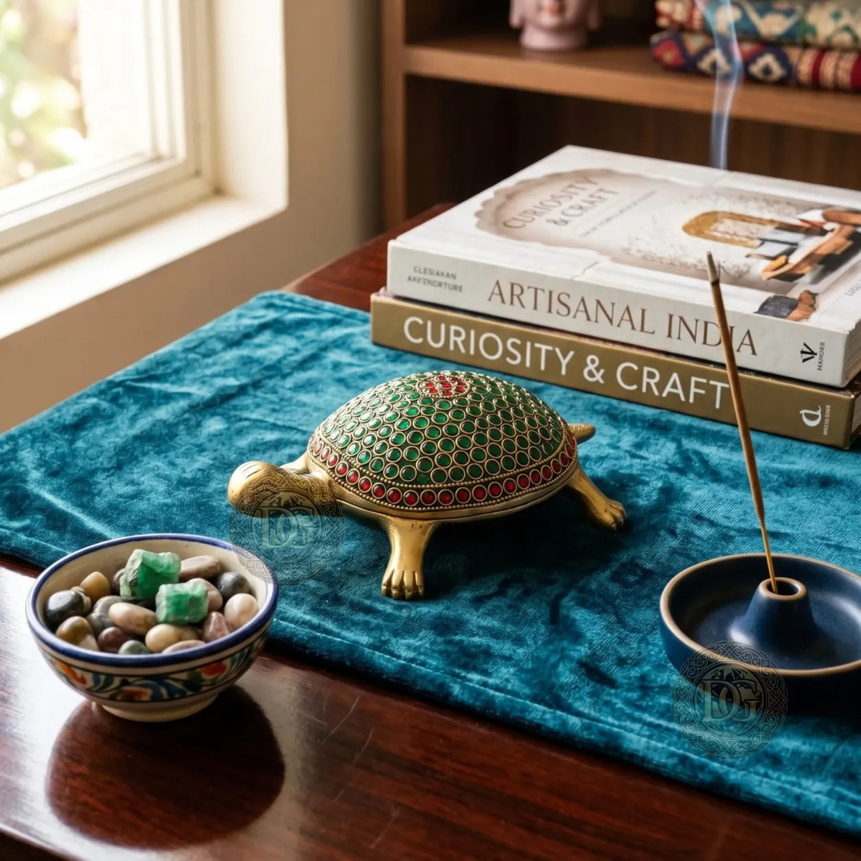 Side view of Golden Brass Turtle Showpiece with stone inlay