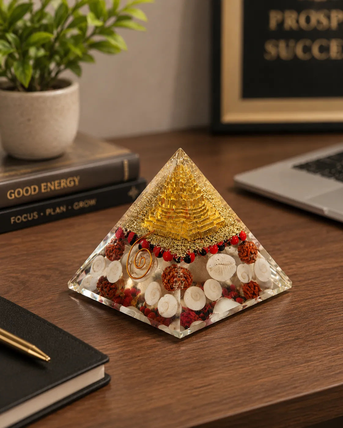 Gomti Chakra Laxmi Orgone Pyramid with gold and rudraksha for wealth attraction