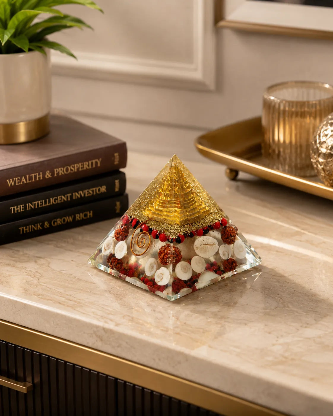 Side view of Gomti Chakra Laxmi Orgone Energy Pyramid