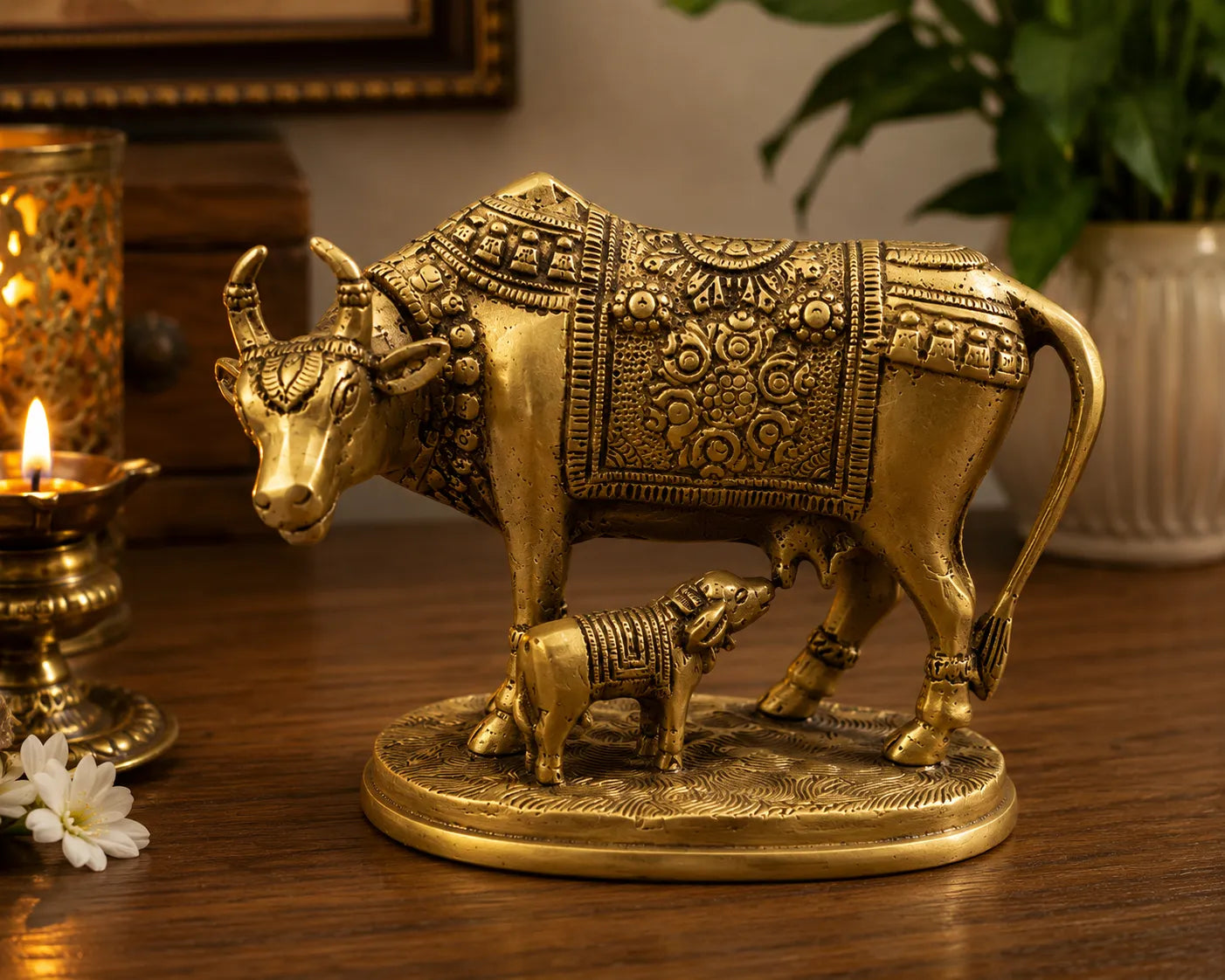 Closeup of detailed carving on Kamdhenu Cow and Calf Brass Idol