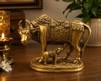 Closeup of detailed carving on Kamdhenu Cow and Calf Brass Idol