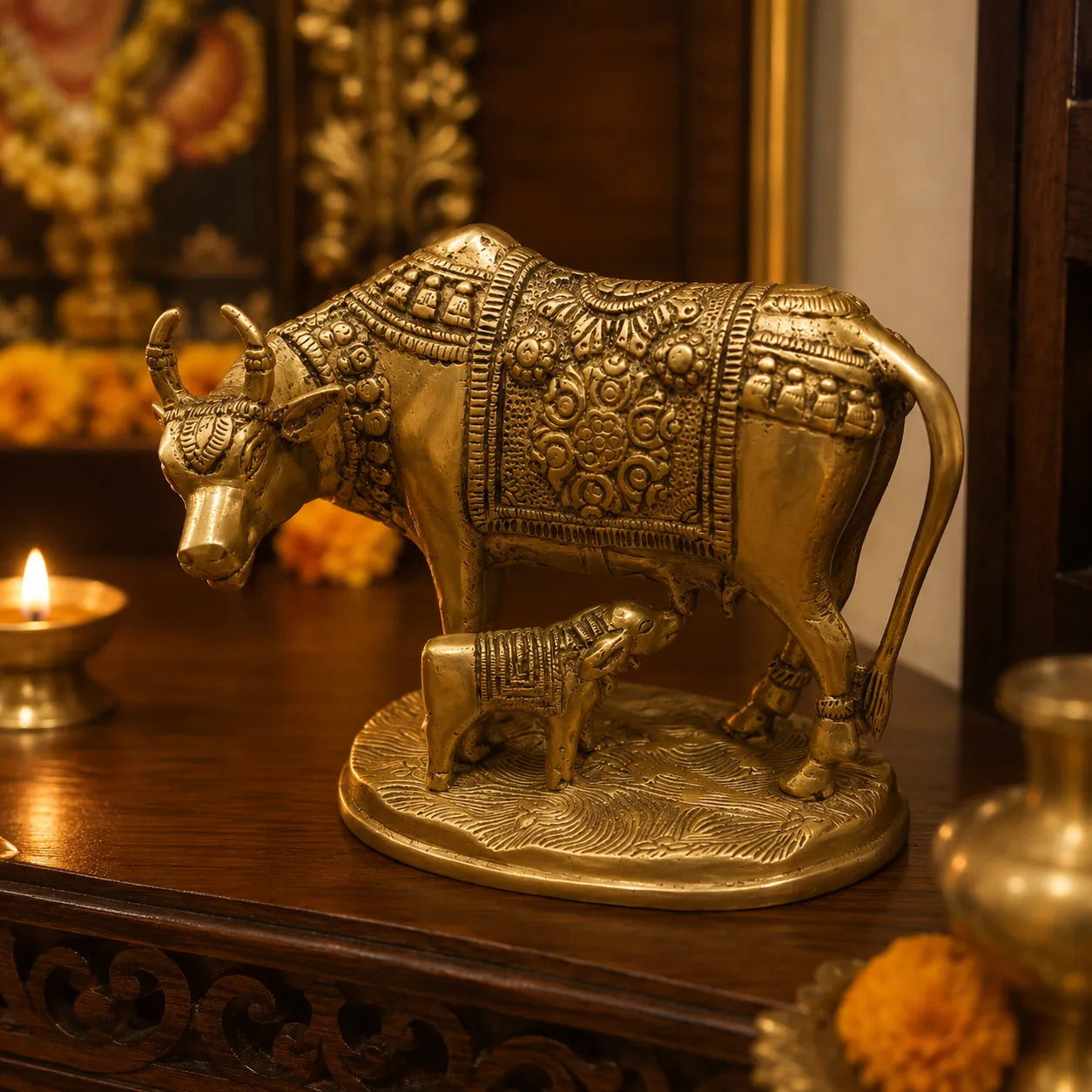 Complete Kamdhenu Cow with Calf Brass Murti