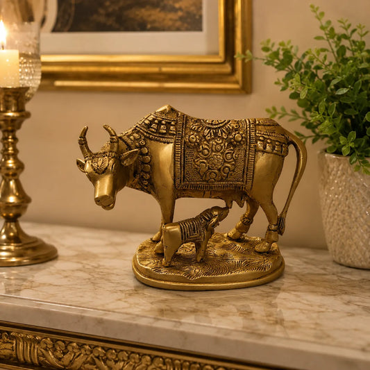 Golden Brass Kamdhenu Cow with Calf Idol for wealth and prosperity