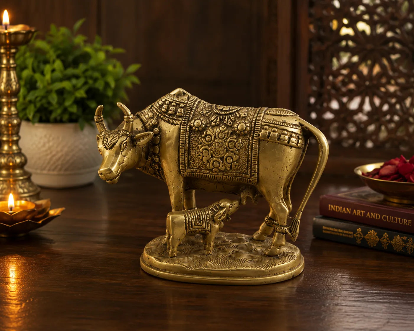 Side view of Kamdhenu Cow with Calf Brass Showpiece