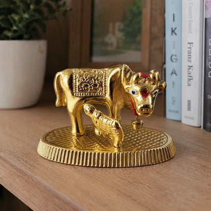 Closeup of Kamdhenu Cow with Calf brass idol detailing