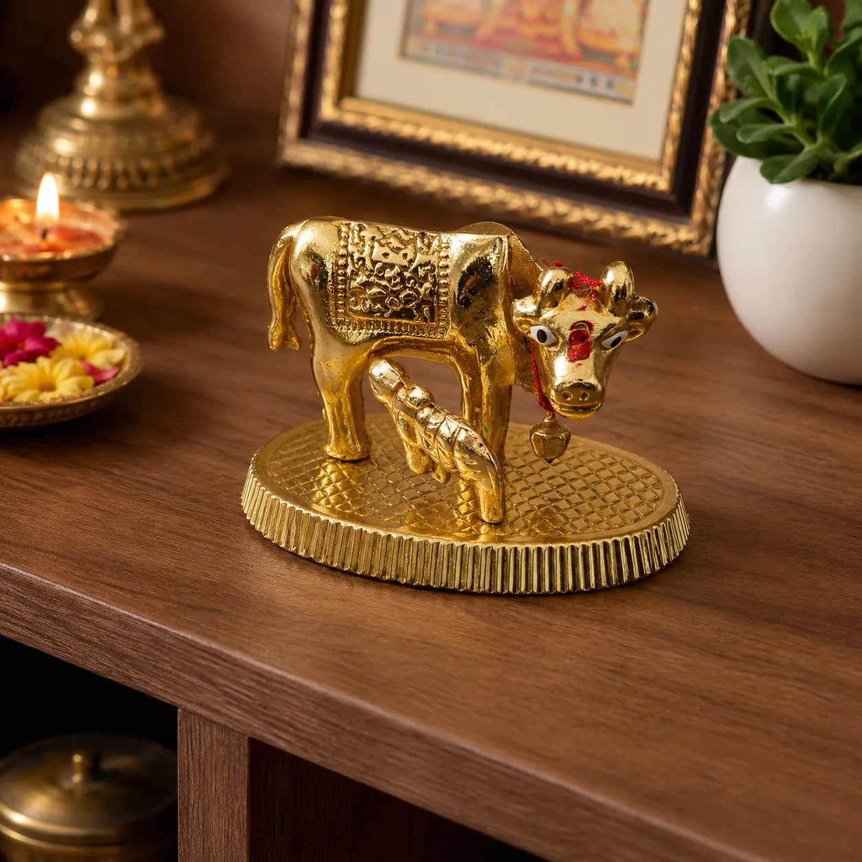 Kamdhenu Cow with Calf Brass Showpiece golden finish for vastu and prosperity