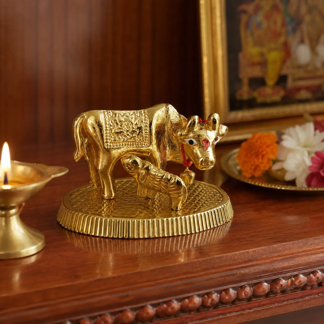 Side view of Kamdhenu Cow and Calf Idol brass showpiece