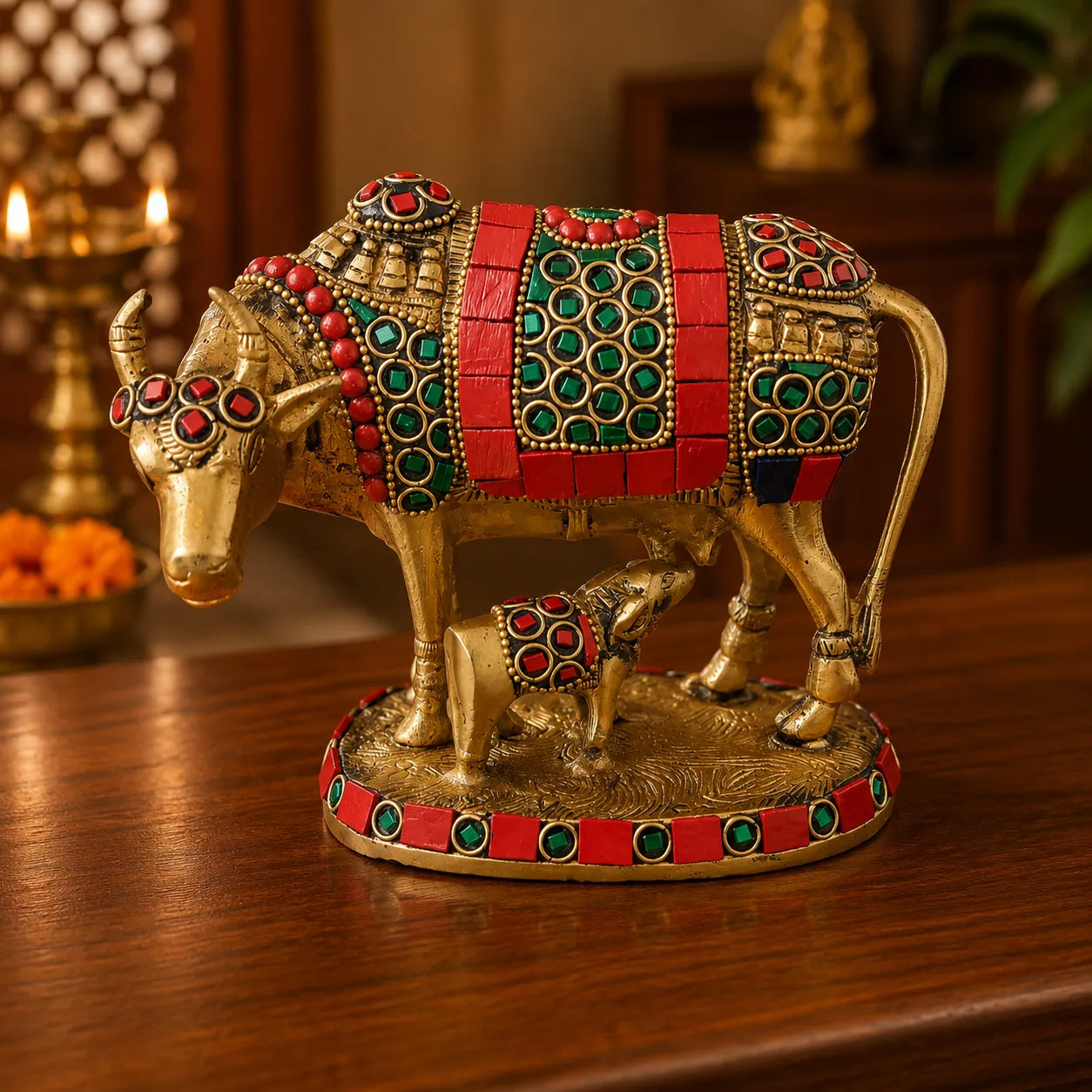 Closeup of red and green stone work on Kamdhenu Cow Brass Idol