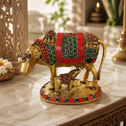 Kamdhenu Cow with Calf Brass Idol with red and green stone work