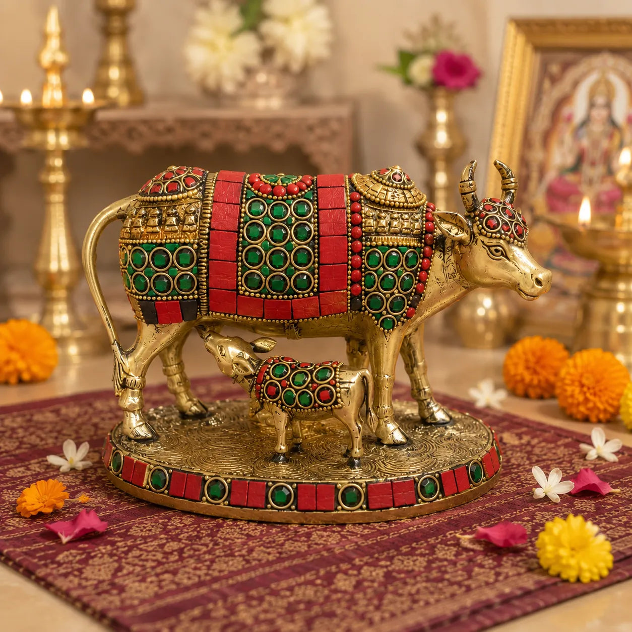 Side view of Kamdhenu Cow with Calf Brass Idol stone inlay
