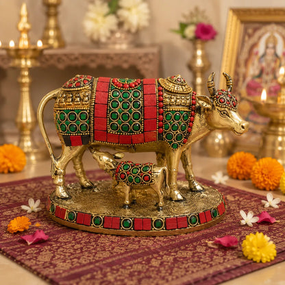 Side view of Kamdhenu Cow with Calf Brass Idol stone inlay