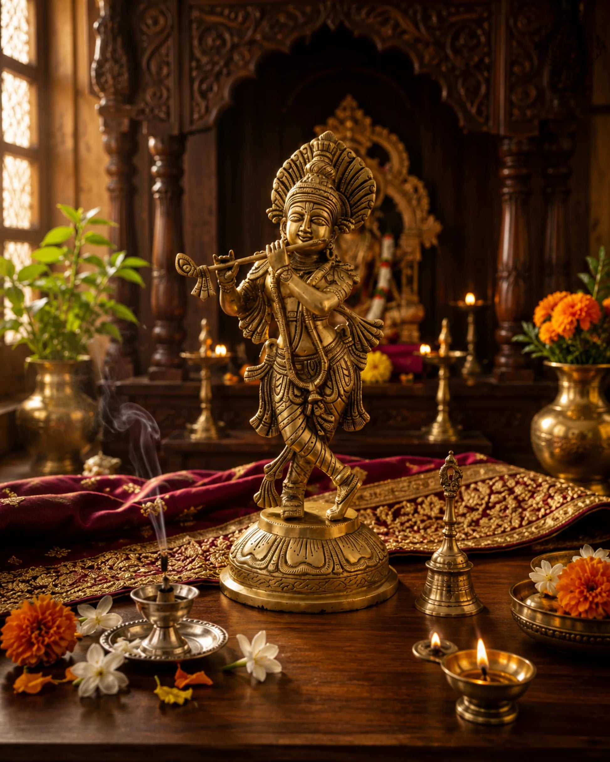 Complete Krishna Ji Brass Murti with traditional ornaments