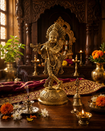 Complete Krishna Ji Brass Murti with traditional ornaments