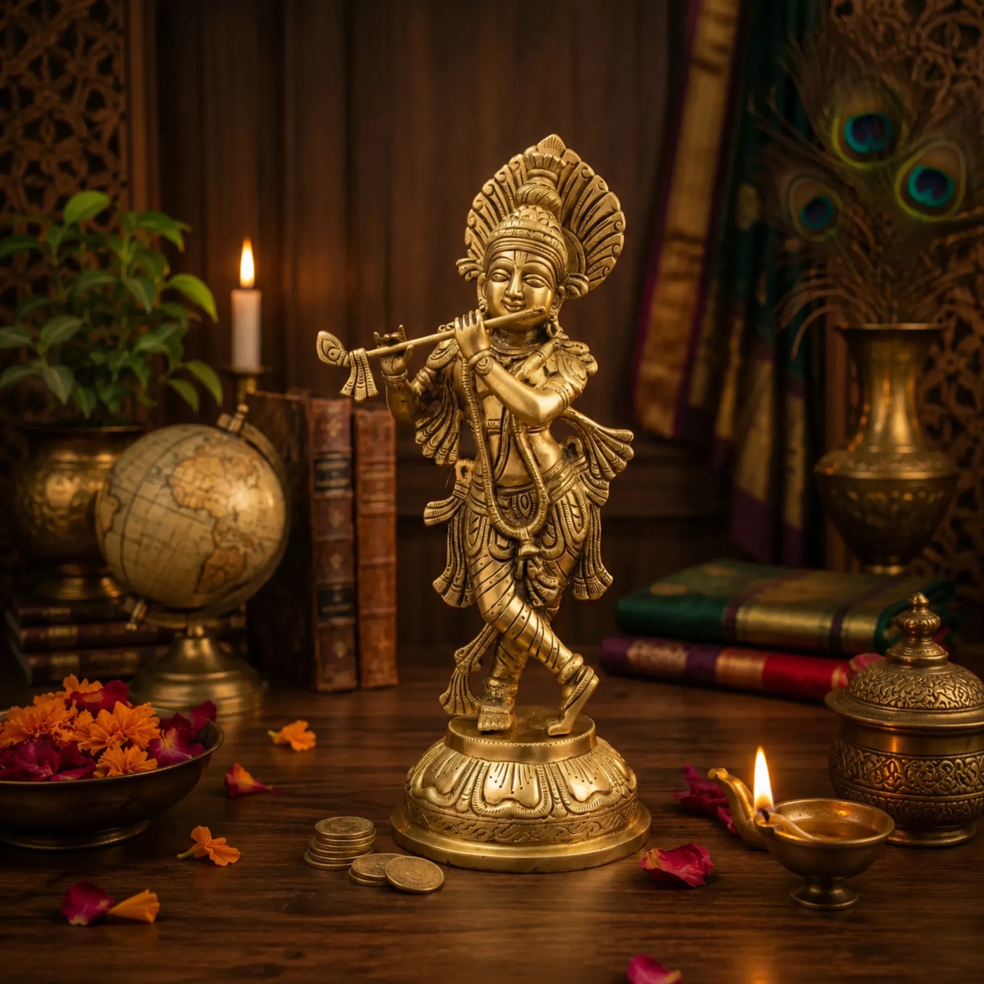 Krishna Ji Brass Idol with flute in standing pose for home temple puja