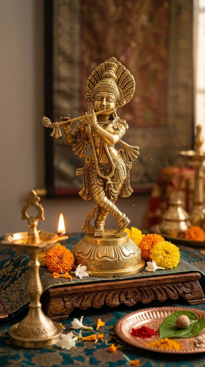 Krishna Ji Brass Idol beautifully placed in home temple decor
