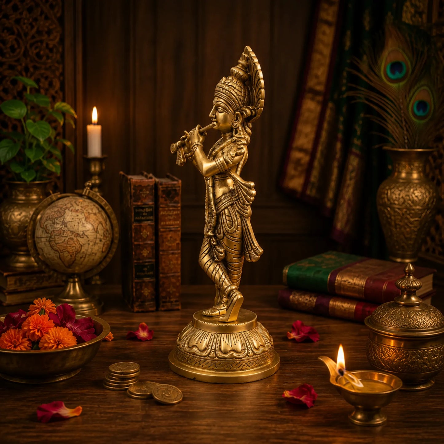Side view of Krishna Ji Brass Idol playing flute