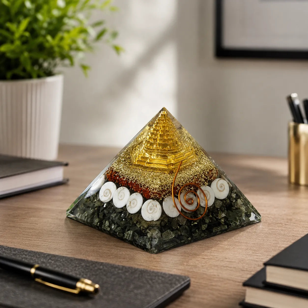 Closeup of gold layer, crystals and shells in Lakshmi Money Magnet Pyramid