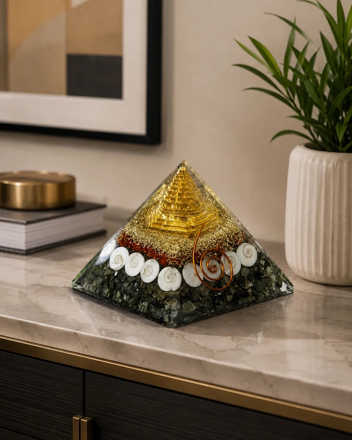 Lakshmi Money Magnet Pyramid with gold and crystals for wealth attraction