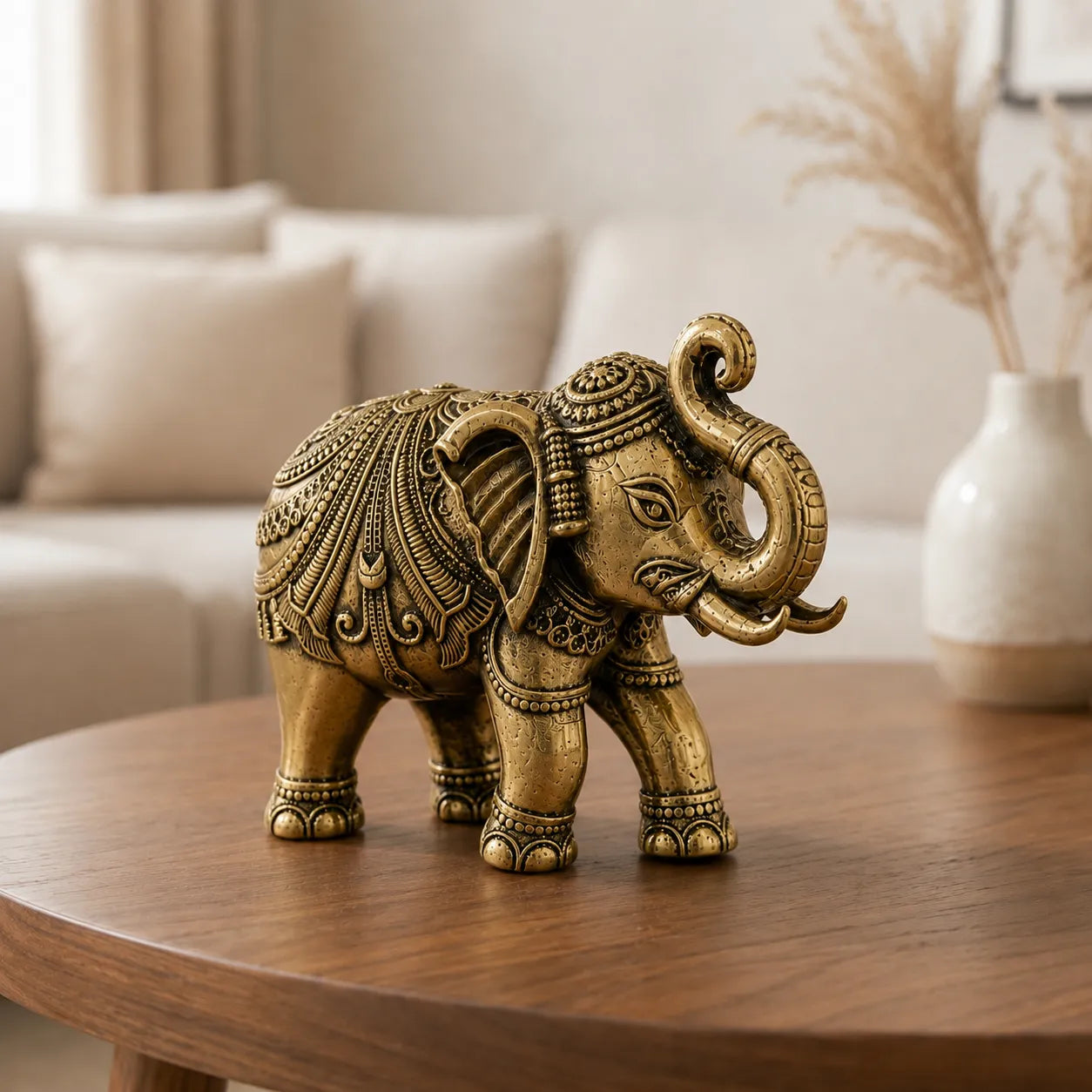 Closeup of ultra fine carving on Large Brass Elephant