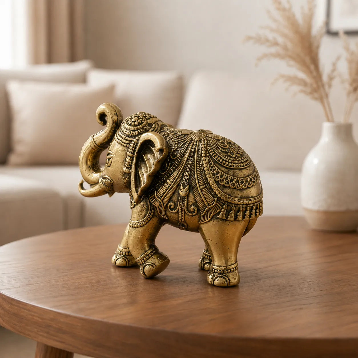 Side view of Large Brass Elephant trunk up