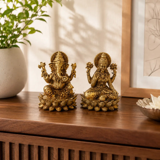 Closeup of superfine carving on Laxmi Ganesh Ji Brass Idols